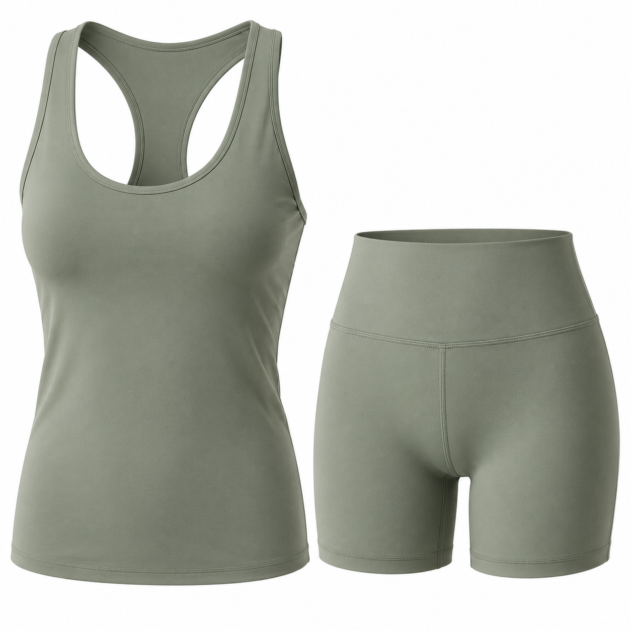 Olive green women's racerback tank top and matching shorts activewear set, custom shorts and tank top set manufacturer