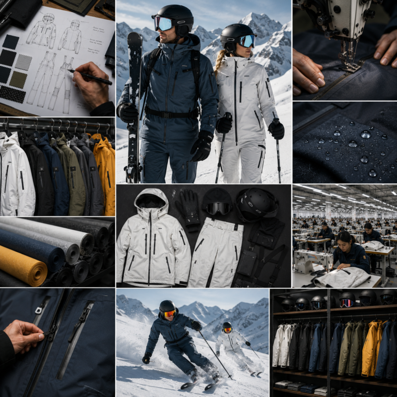 Custom ski wear manufacturer product image for softshell jackets, showing ski clothing and winter sports apparel wholesale manufacturing