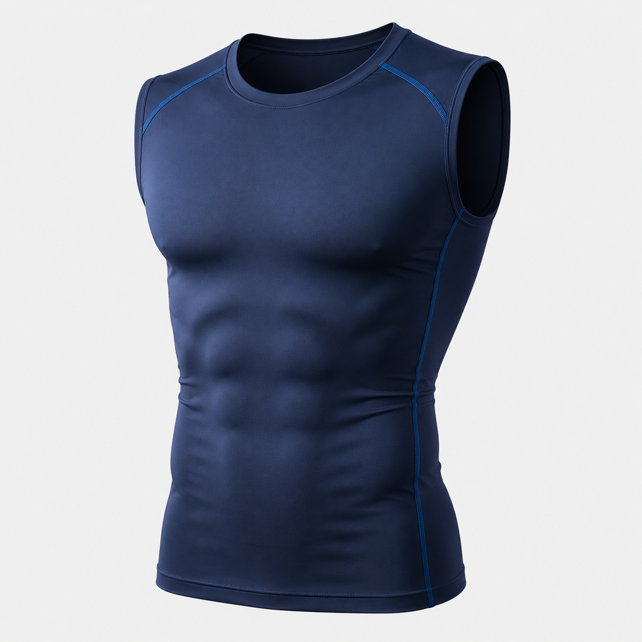 Sleeveless compression shirt in navy blue with blue contrast side seams and muscle-fit design for athletes