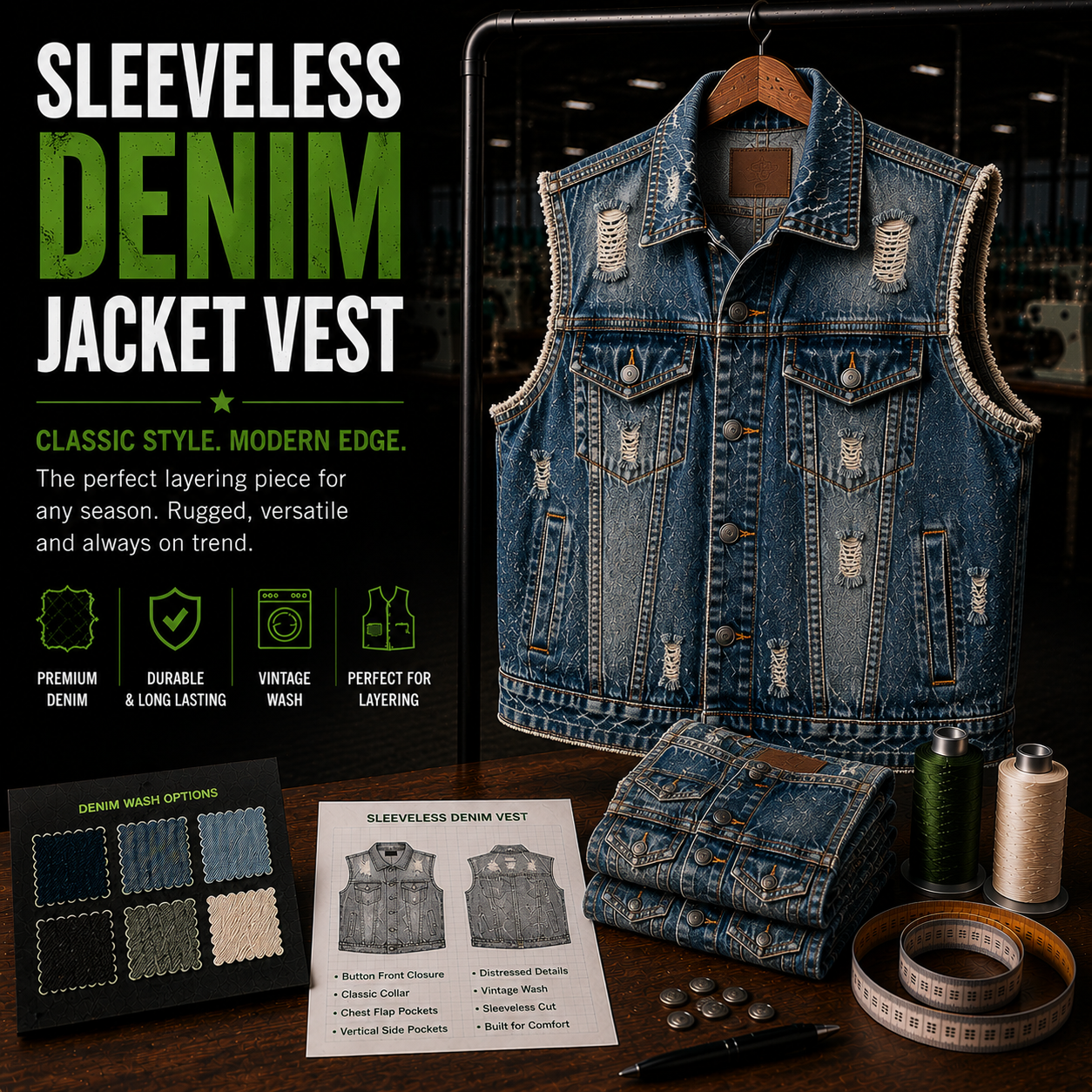 Sleeveless denim jacket vest manufacturer infographic showing a distressed denim vest with Premium Denim, Durable, Vintage Wash, and Perfect for Layering features alongside denim wash swatches, spec sheet, thread spools, and buttons