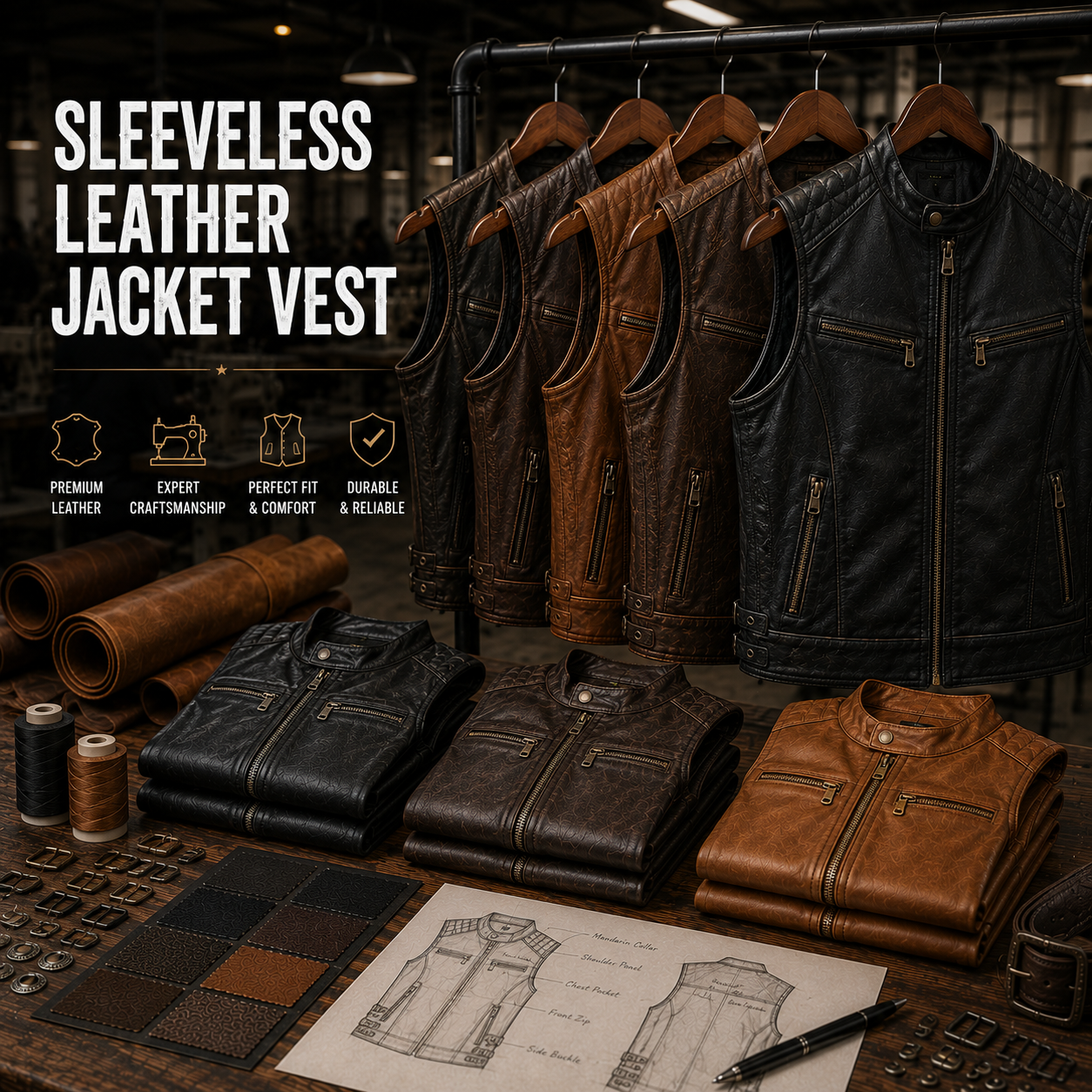 Custom sleeveless leather jacket vest with classic design, manufactured by Eco Jersey Limited