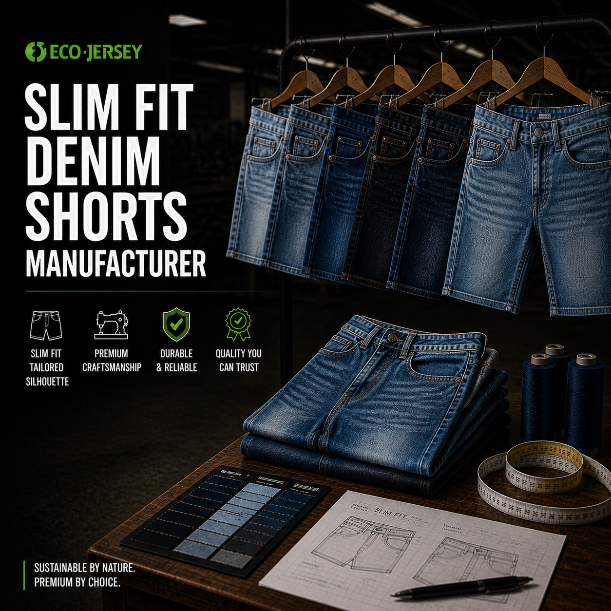 Slim Fit Denim Shorts Manufacturer – Custom slim fit tailored silhouette denim shorts by Eco Jersey