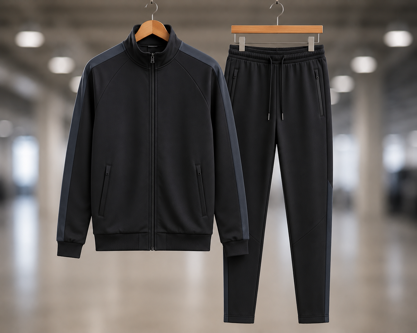 Custom slim fit tracksuits manufacturer showing a matching slim fit zip-up jacket and tapered jogger pants set for sports brands, fitness retailers, and athletic teams