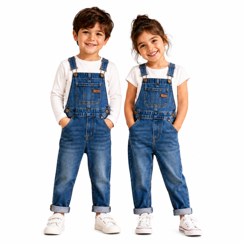 Smiling boy and girl wearing matching blue denim overalls with white long-sleeve tops and white sneakers on a clean white background