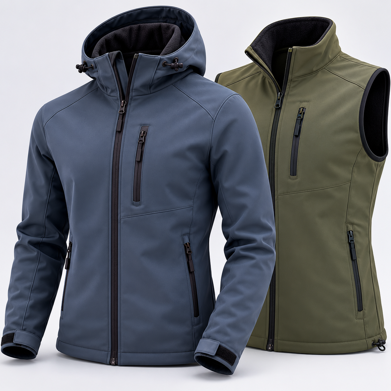 Softshell hoodies and vest layering system for outdoor sports, showing combined warmth and weather protection options