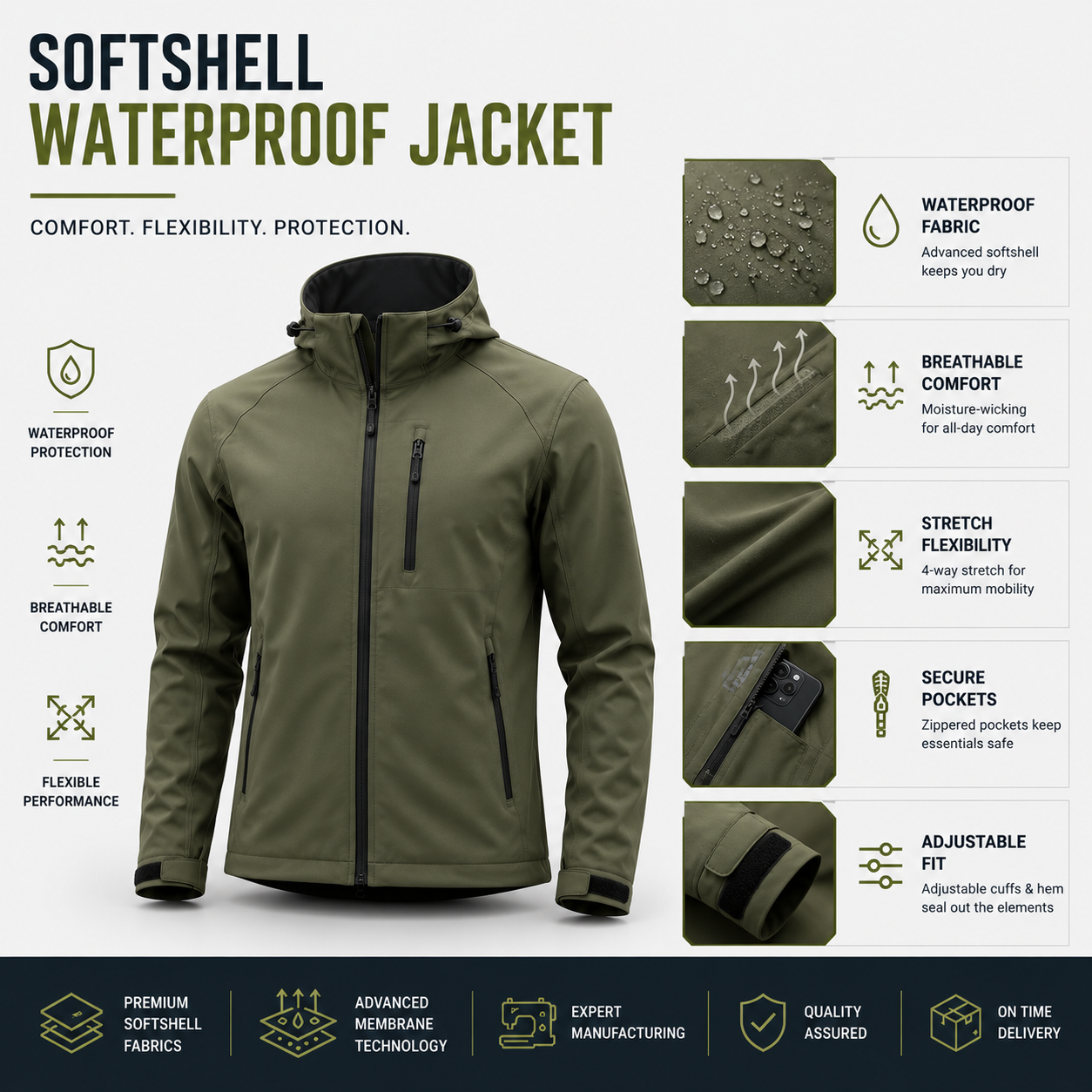 Softshell waterproof jackets with stretchy fabric and water-resistant coating for hiking, outdoor sports, and adventure activities