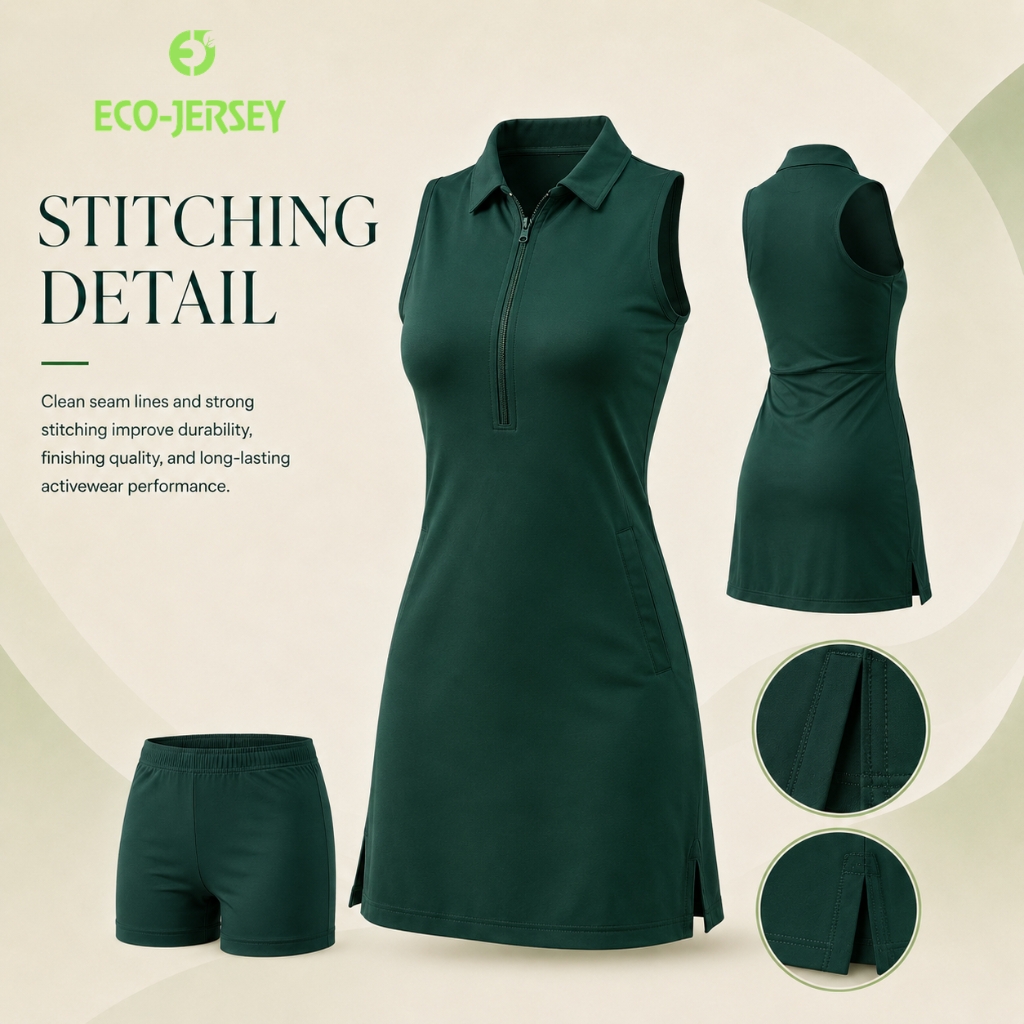 Eco Jersey stitching detail infographic showing a dark green custom solid dress and matching shorts set, with close-up callouts highlighting clean seam lines and strong stitching for durability and activewear performance