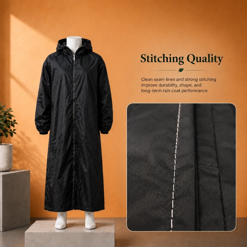 Stitching detail on Long Rain Coat