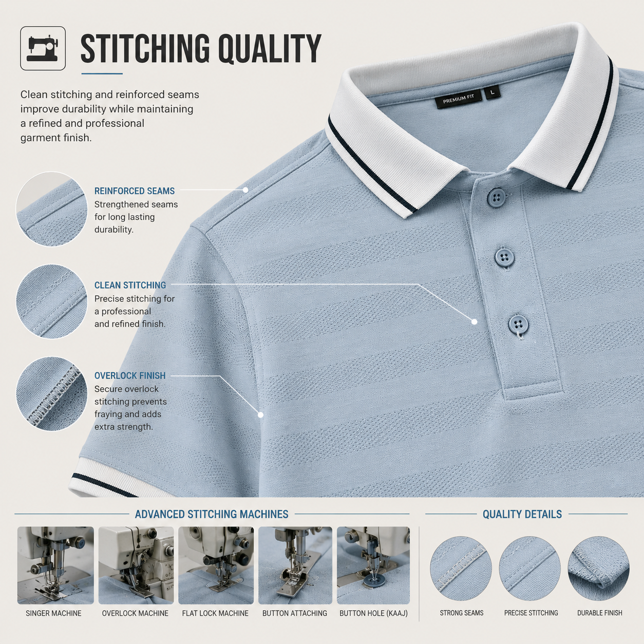 Stitching quality infographic for jacquard mesh polo shirt showing reinforced seams, clean stitching, overlock finish, advanced stitching machines, and quality details including strong seams, precise stitching, and durable finish