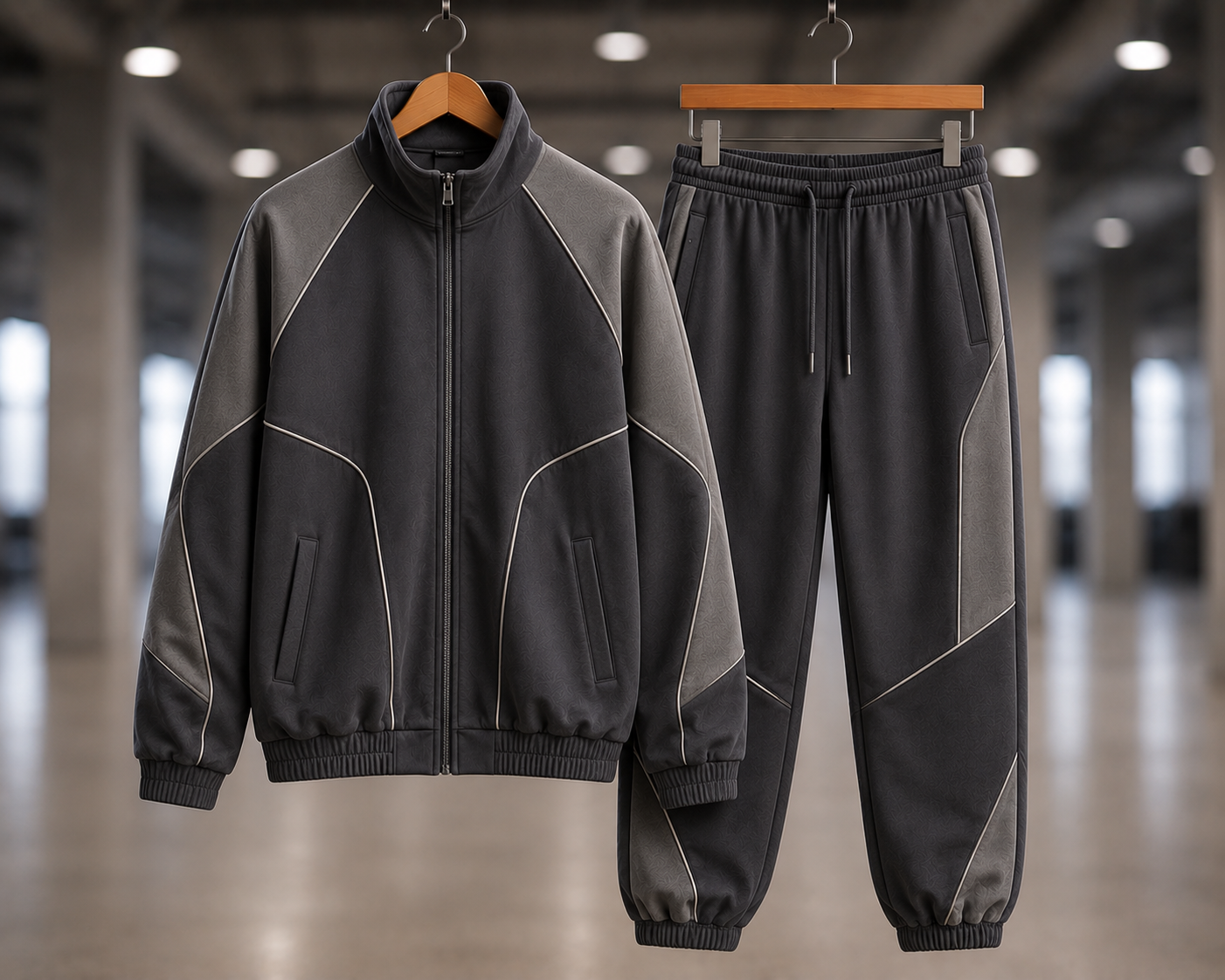 Custom streetwear tracksuits manufacturer showing a dark grey colour-block zip-up tracksuit jacket with contrast panelling and wide-leg jogger pants for streetwear and urban apparel brands