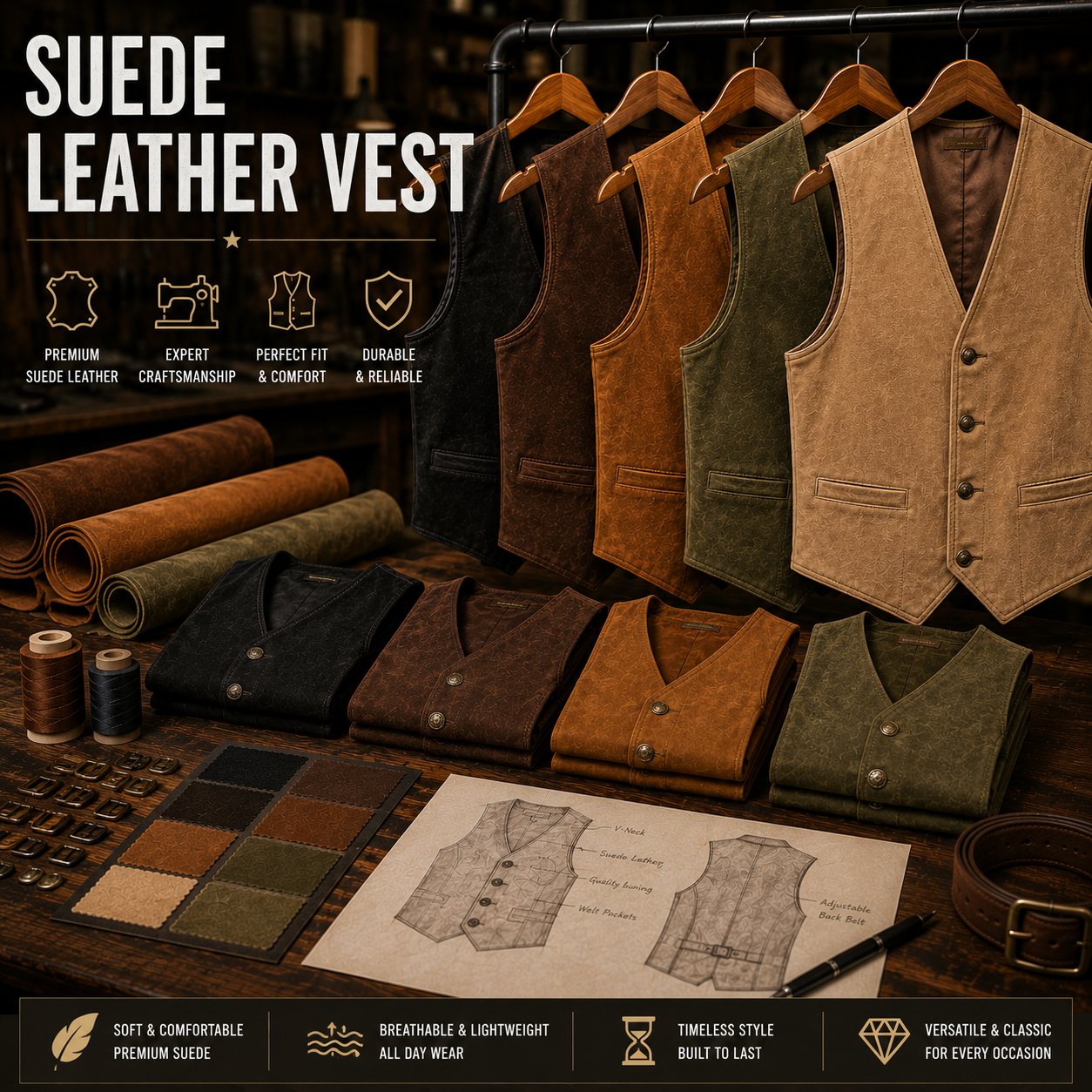 Custom suede leather vest with premium quality material, manufactured by Eco Jersey Limited