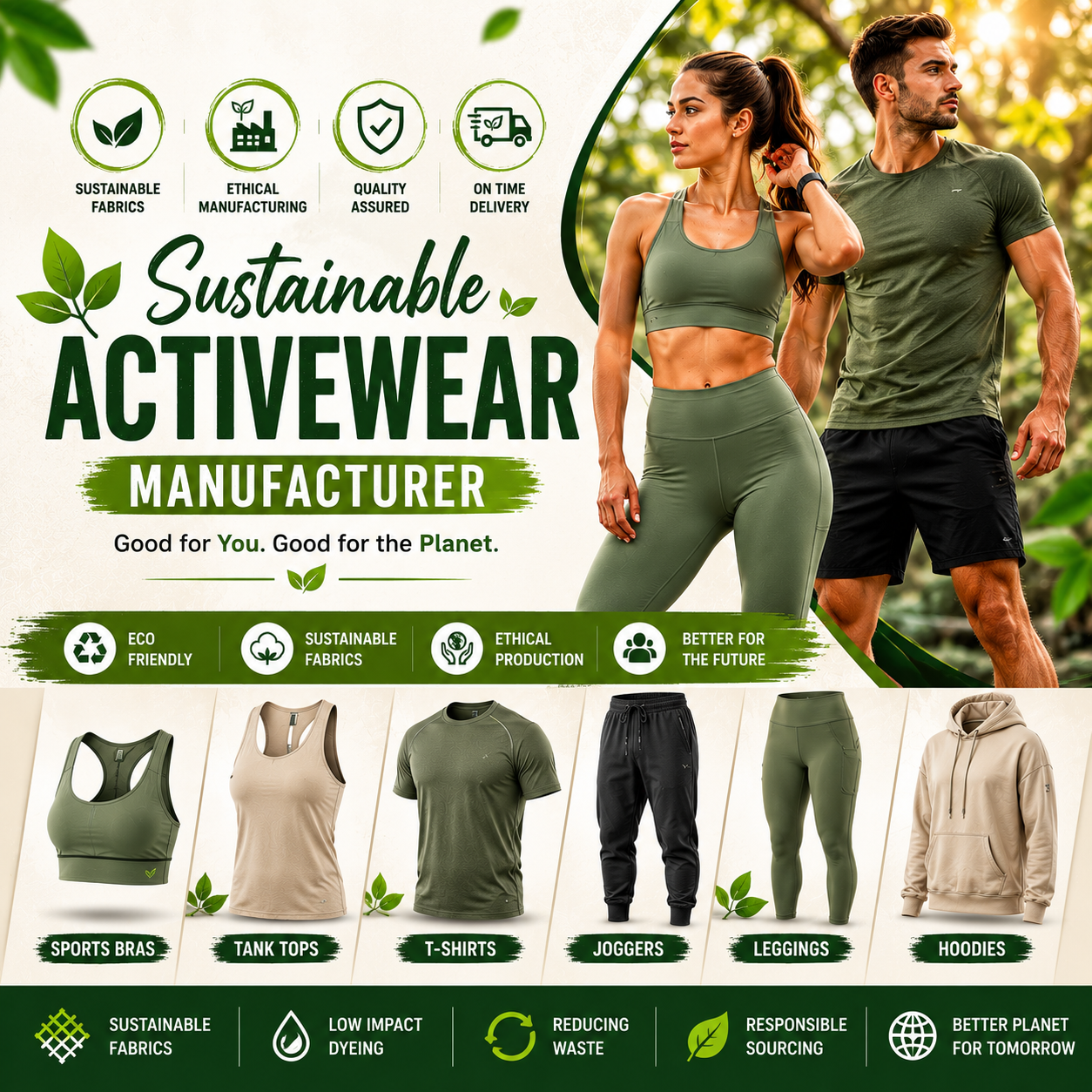 Sustainable activewear manufacturer offering eco-friendly sports bras, tank tops, t-shirts, joggers, leggings, and hoodies made with sustainable fabrics, low-impact dyeing, and responsible sourcing