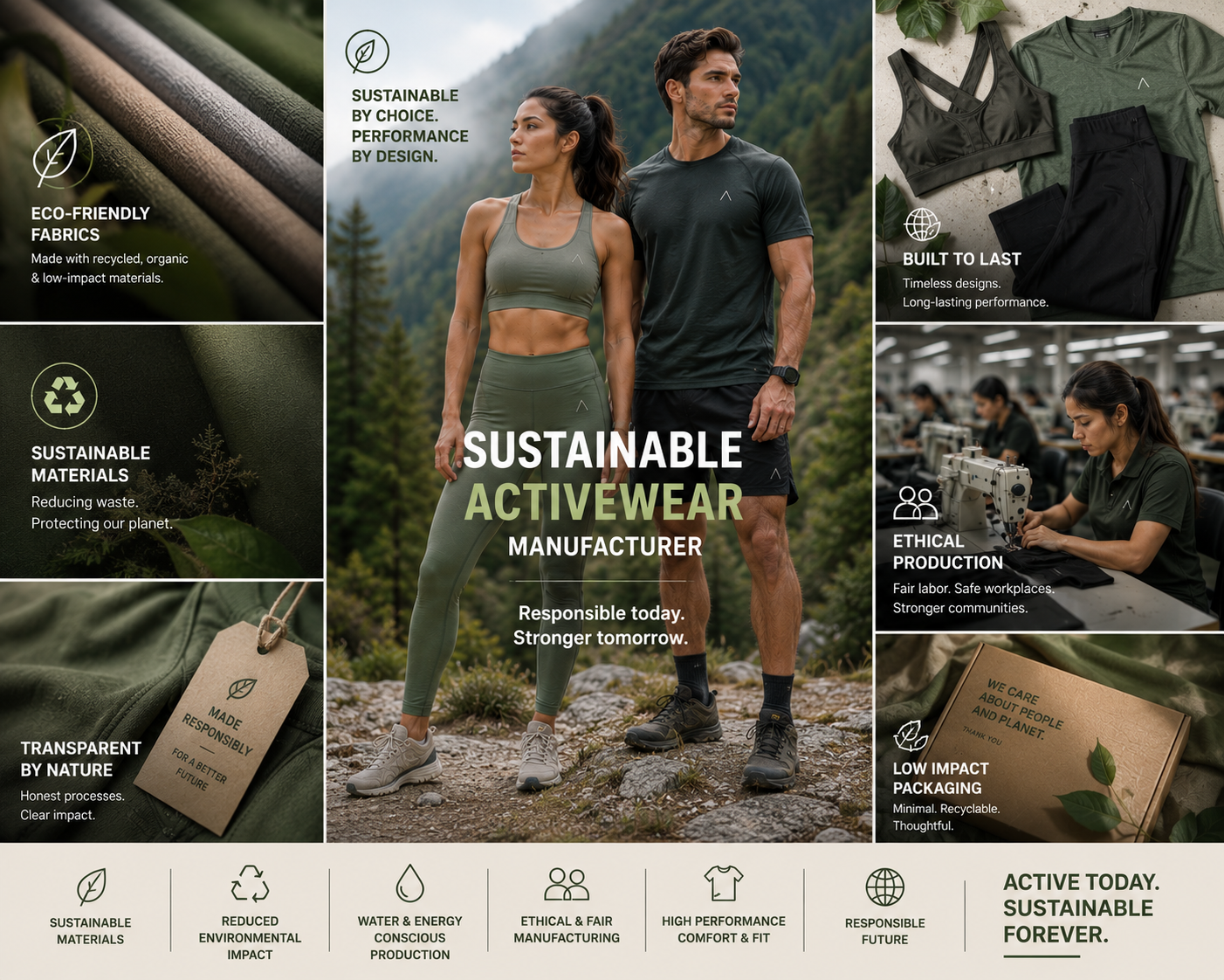 Sustainable performance activewear manufacturer by Eco Jersey - man and woman in outdoor activewear with eco-friendly fabrics, sustainable materials, ethical production, transparent practices and low impact packaging features