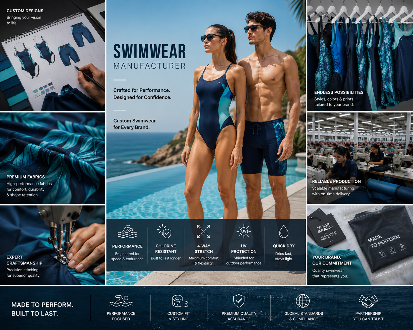 Custom swimwear manufacturer by Eco Jersey - man and woman in performance swimwear by pool, showing design, premium fabrics, expert craftsmanship, and manufacturing features like chlorine resistance, 4-way stretch, and UV protection