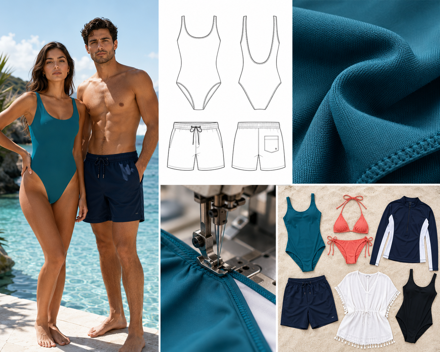 Custom swimwear manufacturer offering one-piece swimsuits, trunks, bikinis, and beach cover-ups for men and women — B2B wholesale production with technical design and quality stitching