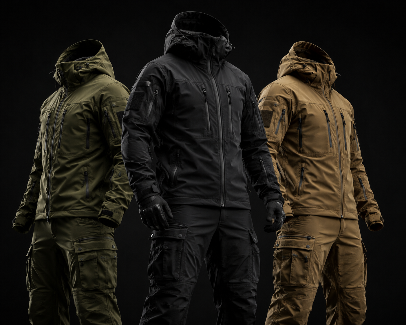 Three tactical jackets displayed with hoods up against a dark background: olive green ranger jacket on the left, all-black tactical jacket in the center, and tan coyote tactical jacket on the right, showing Eco Jersey's custom tactical apparel manufacturing