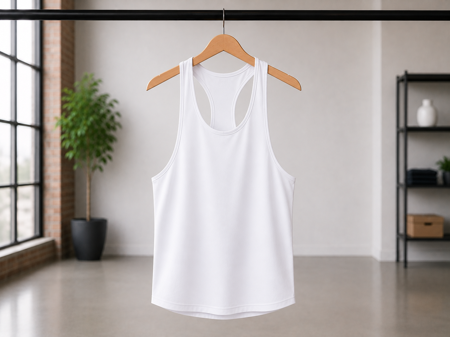 Custom tank tops, stringers, and sleeveless vests manufacturer — white racerback fitness tank top on hanger, B2B wholesale gym wear production for sportswear and activewear brands