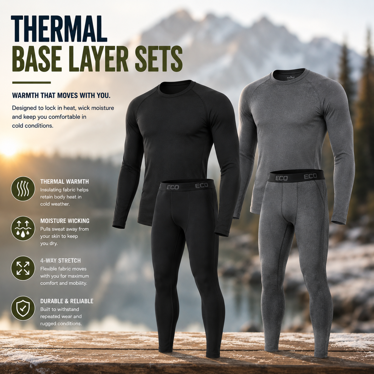 Thermal base layer sets for cold weather protection, full-body warmth for outdoor and winter sports