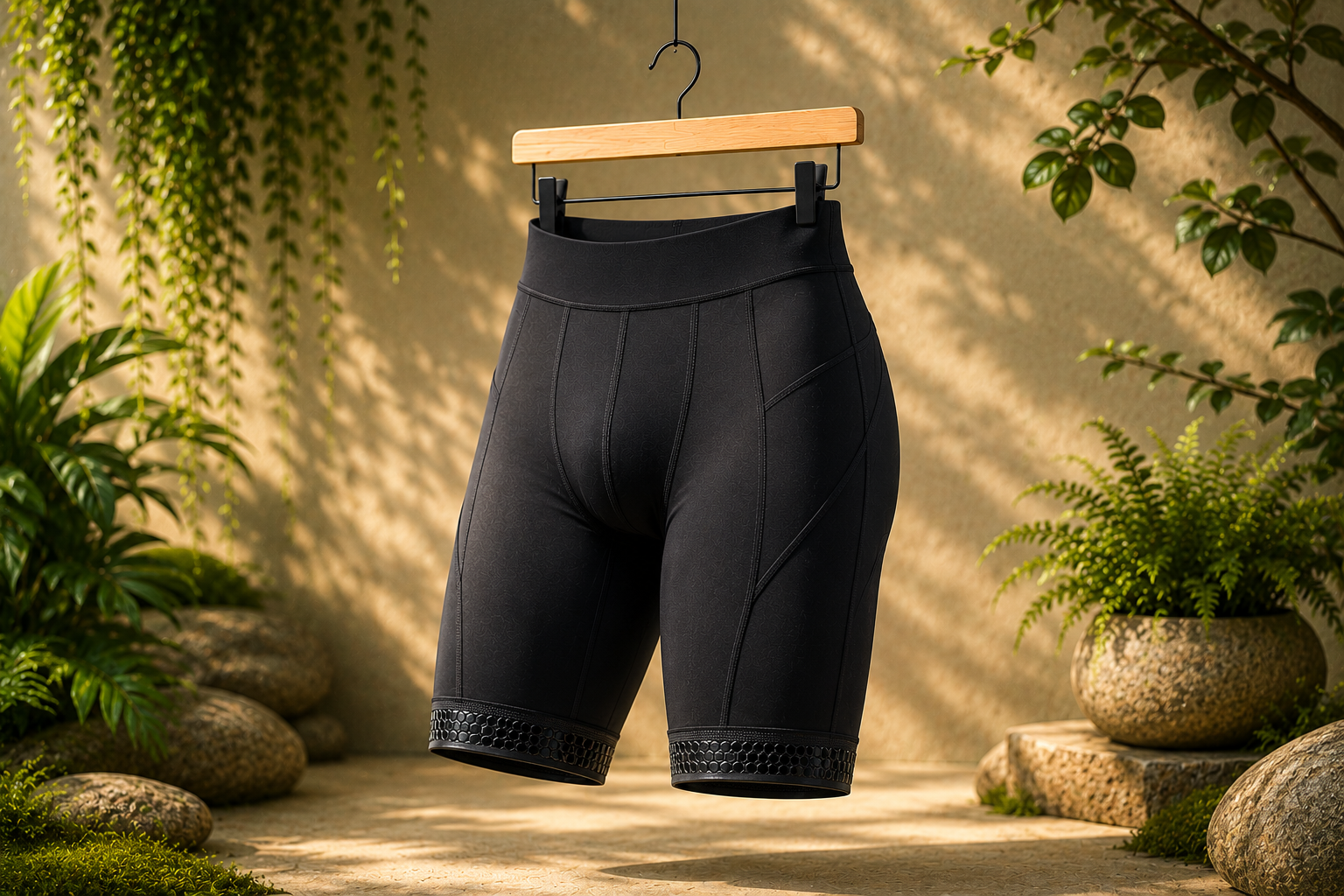 Thigh-length compression shorts manufacturer showing men's long black thigh-length tight-fitting compression shorts on a wooden hanger for athletic training and performance use
