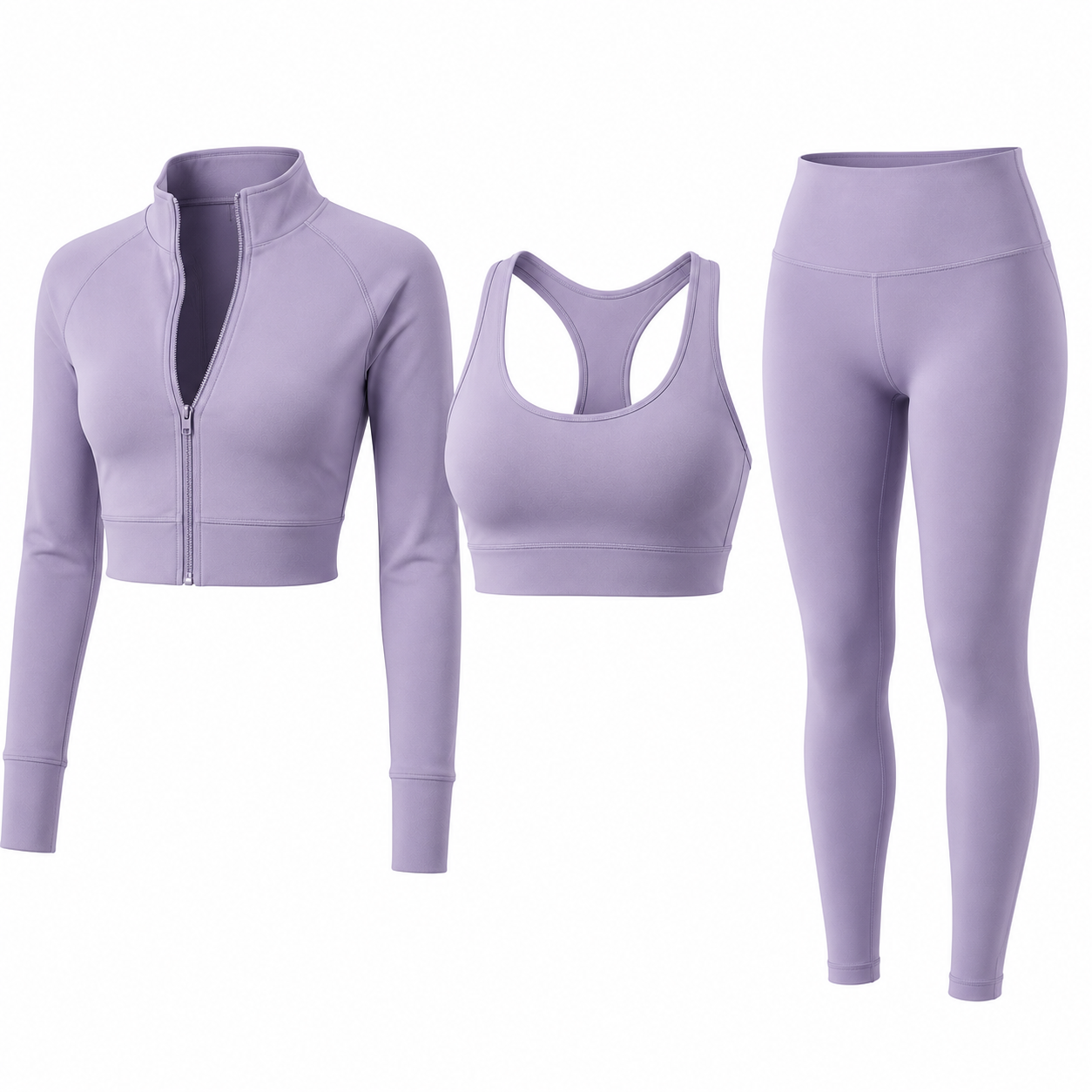Lavender women's three-piece activewear set with zip-up jacket, sports bra, and leggings, custom three-piece activewear set manufacturer