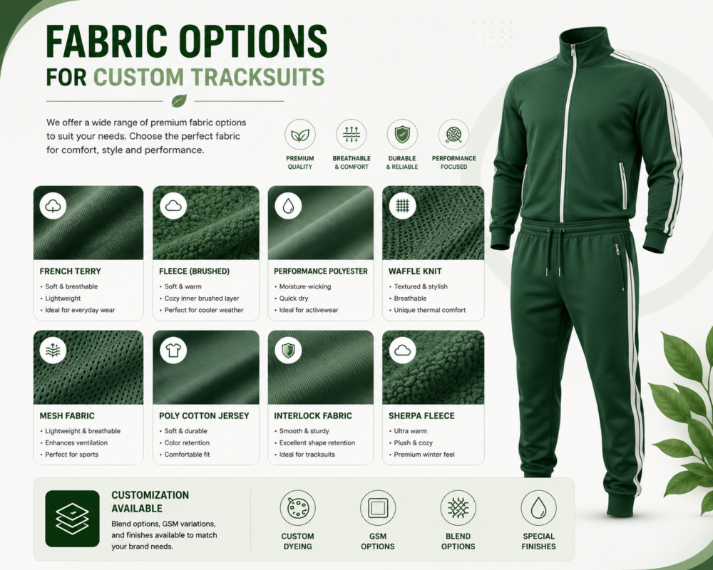 Fabric options infographic for custom tracksuits showing 8 fabric choices including French terry, fleece, performance polyester, waffle knit, mesh, poly cotton jersey, interlock, and sherpa fleece with customization options for dyeing, GSM, blends, and special finishes