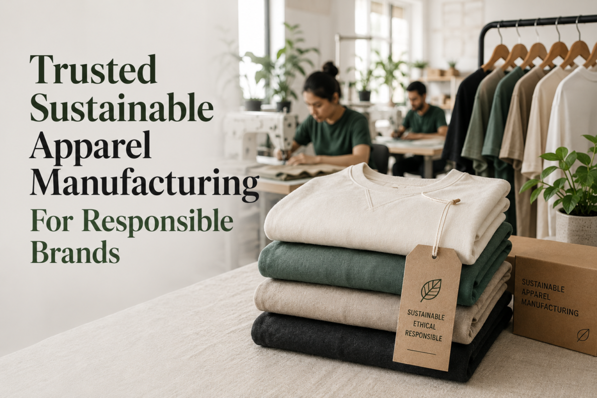 Trusted sustainable apparel manufacturing for responsible brands - Eco Jersey banner with factory workers, eco-friendly garments, and sustainability certifications