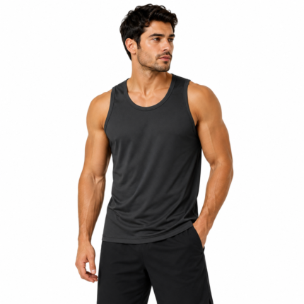 Unisex athletic tank top model front view – lightweight workout muscle tee wholesale manufacturer by Eco Jersey