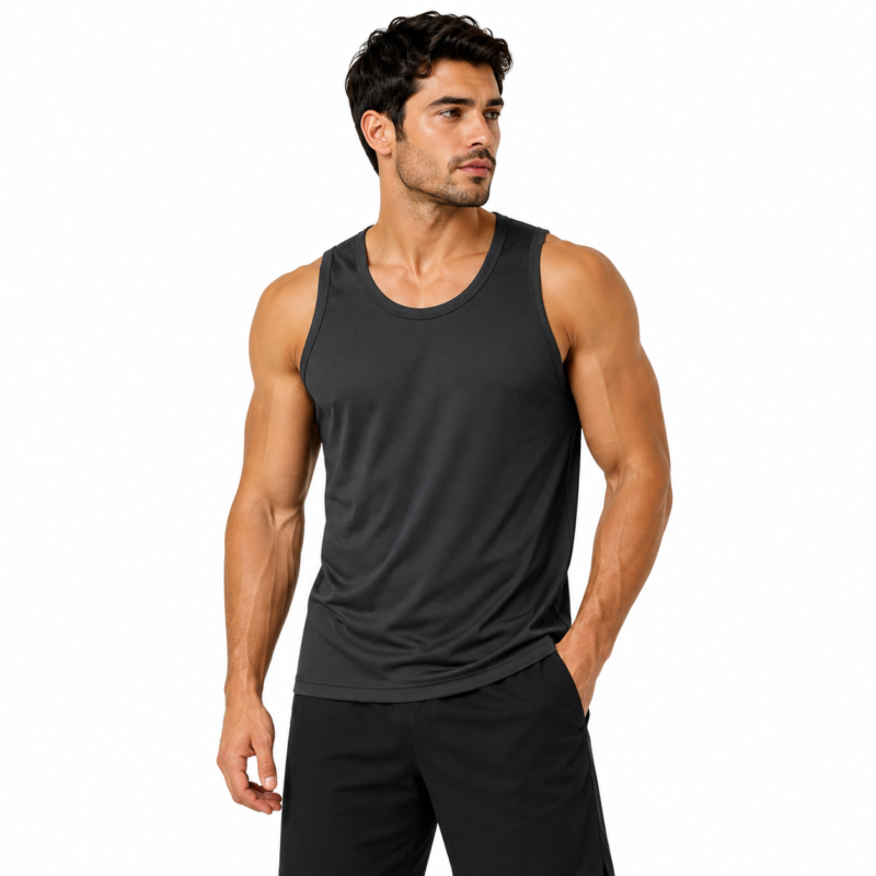 Unisex athletic tank top model front view – lightweight workout muscle tee wholesale manufacturer by Eco Jersey