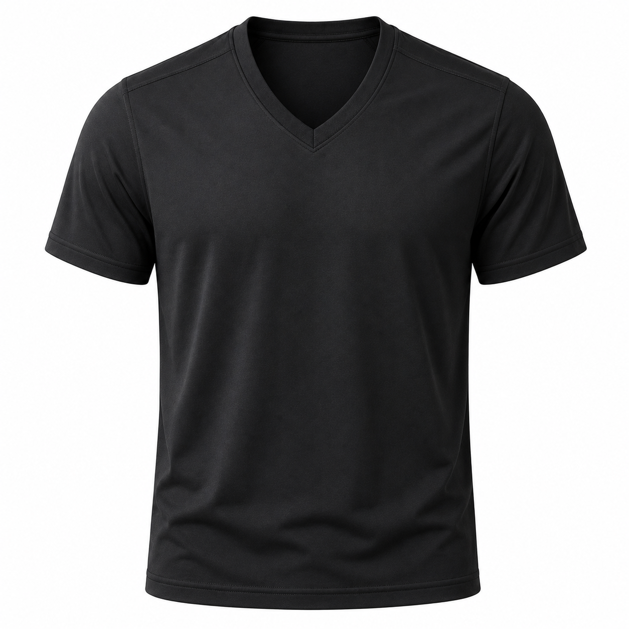 Custom V-neck training t-shirt manufacturer showing a men's black short sleeve V-neck gym training tee on a white background for fitness brands and athletic apparel retailers