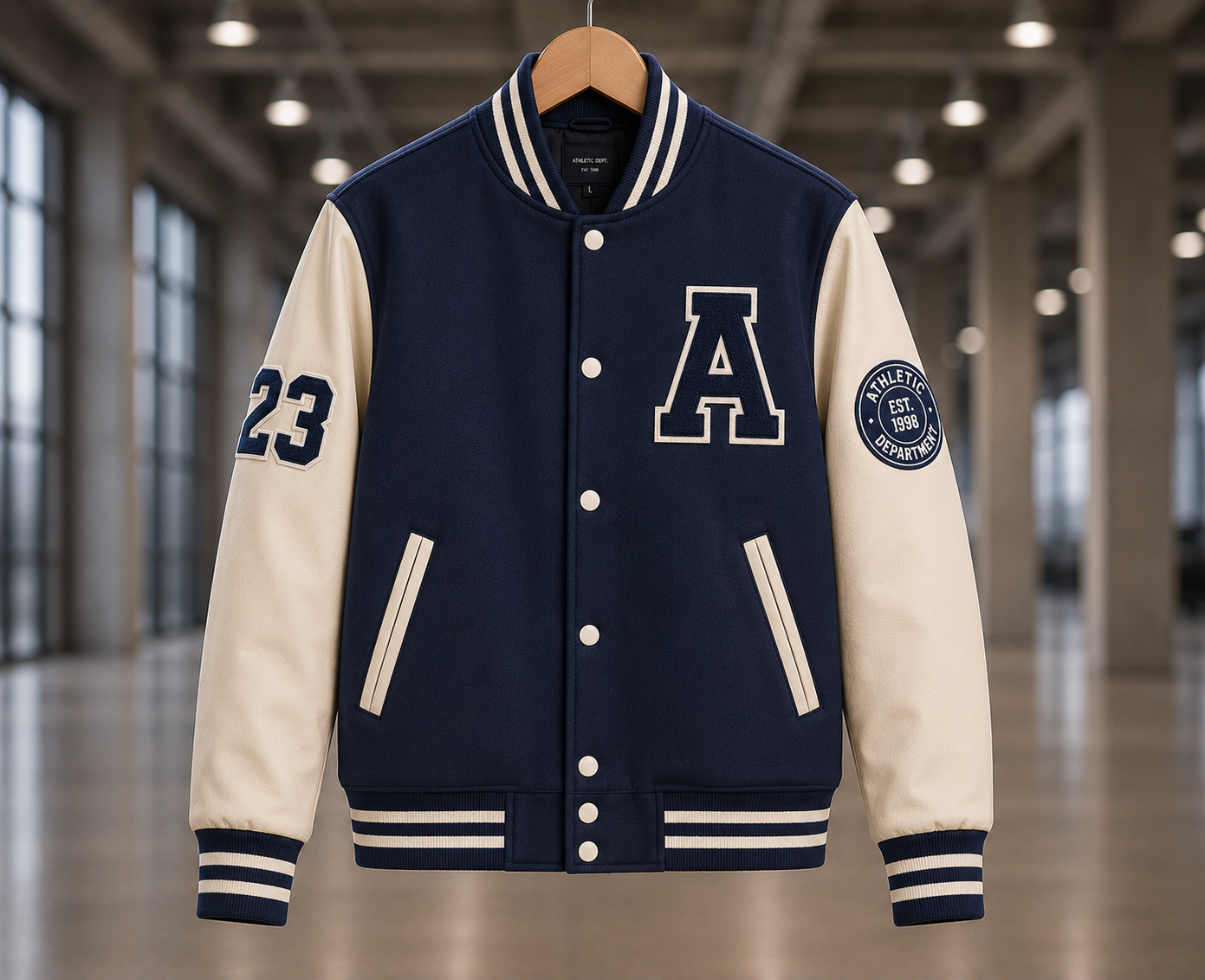Custom varsity jacket manufacturer showing a navy blue and cream letterman jacket with embroidered A emblem, number 23, button front, and ribbed cuffs on a wooden hanger