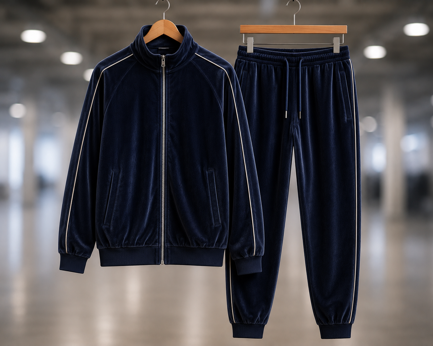 Custom velour tracksuits manufacturer showing a matching velour zip-up jacket and jogger pants set for luxury fashion brands, sportswear retailers, and casual apparel lines