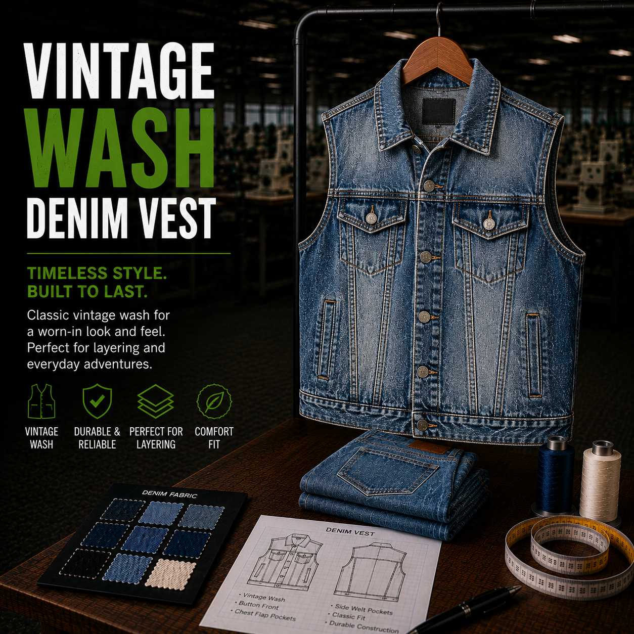 Vintage wash denim vest infographic showing product on hanger with fabric swatches, tech sketch, and key features including durable construction, layering fit, and comfort