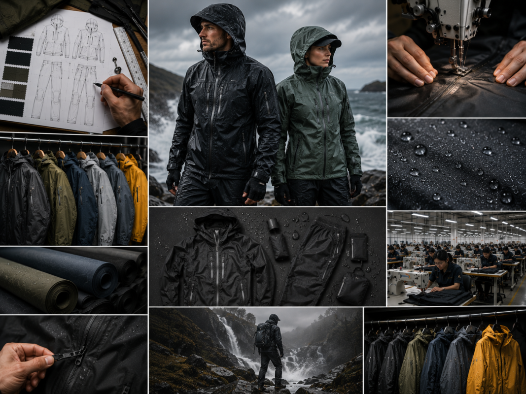 Waterproof apparel manufacturer banner image for softshell jackets page, wholesale B2B production of weather-resistant outdoor apparel
