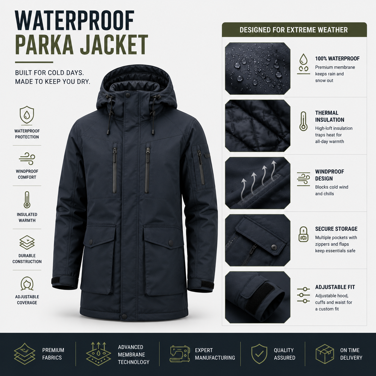 Waterproof parka jackets with long length design and sealed seams for extreme weather protection during outdoor activities