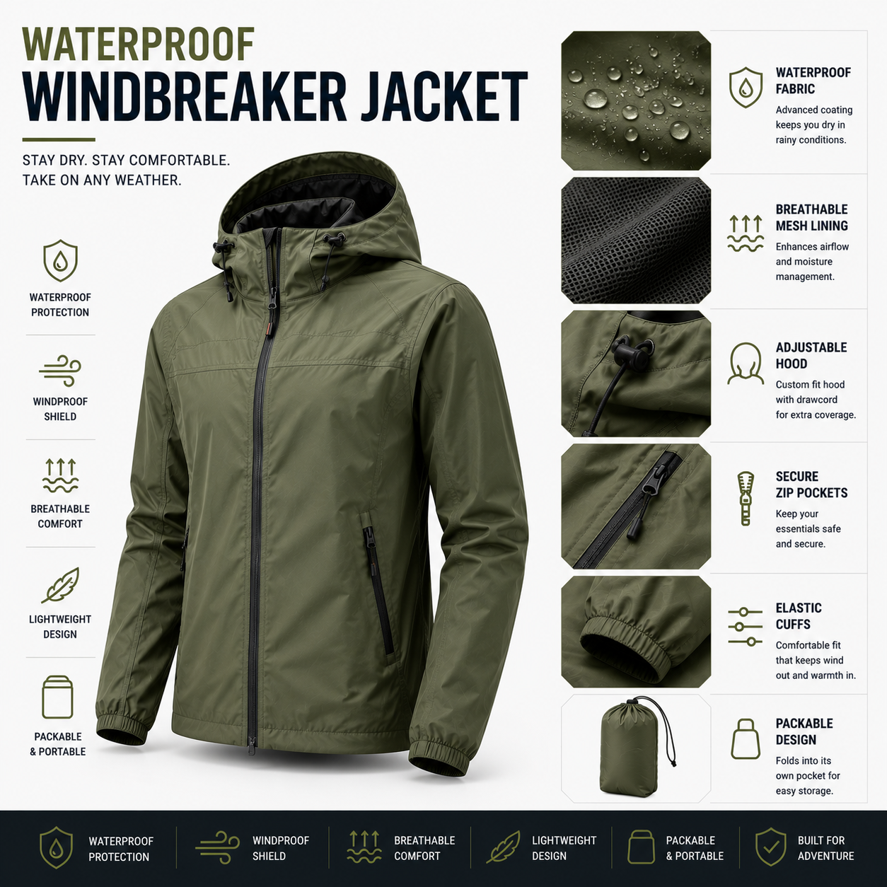 Waterproof windbreaker jackets with DWR coating and taped seams for rain and wind protection during outdoor activities