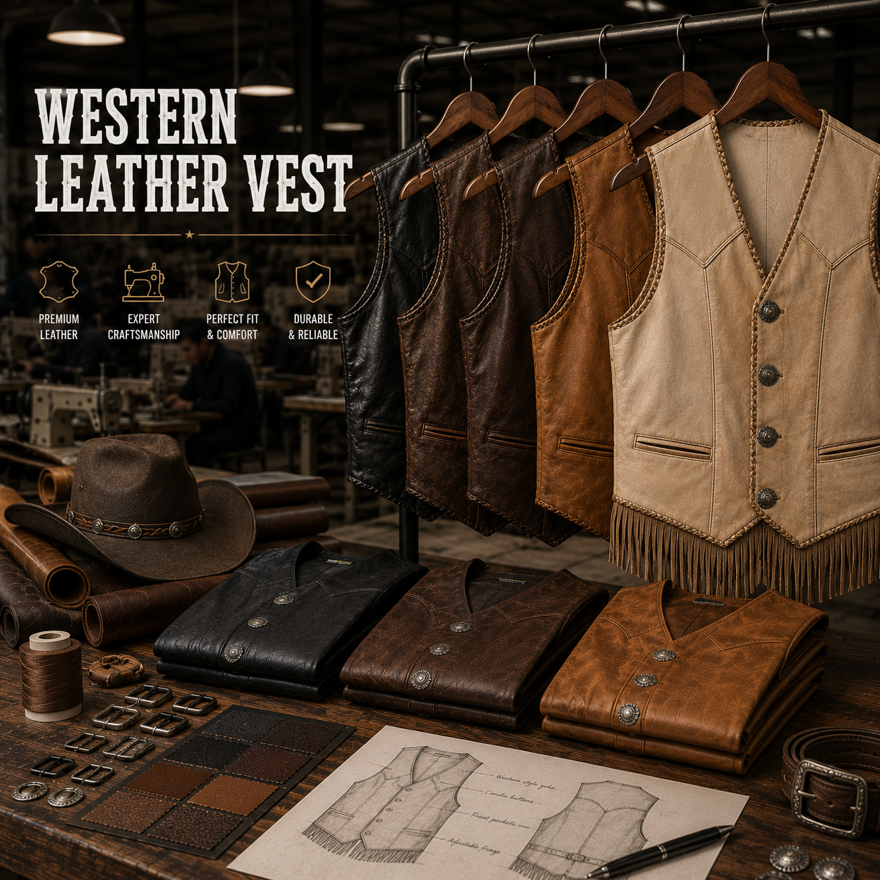 Custom western leather vest with classic cowboy styling, manufactured by Eco Jersey Limited