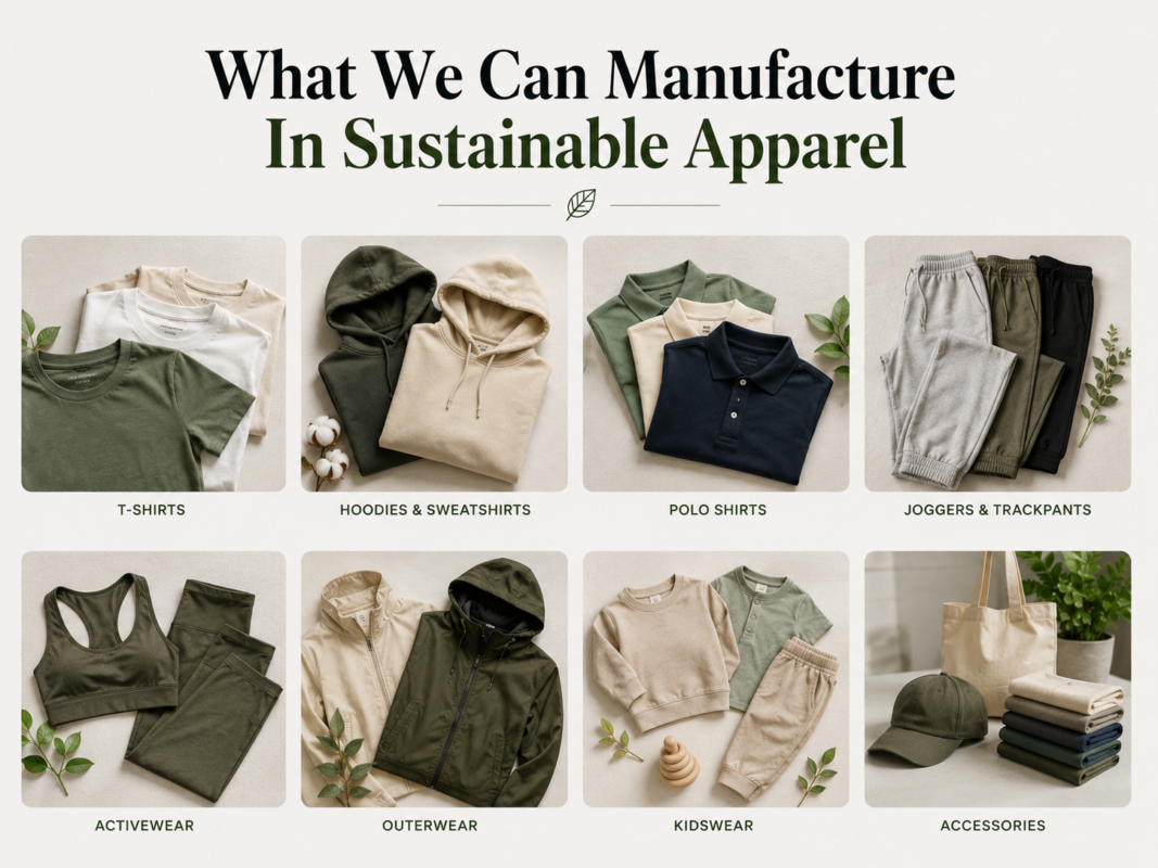 What we can manufacture in sustainable apparel by Eco Jersey - infographic showing sustainable t-shirts, hoodies, activewear, outerwear and other eco-friendly garment categories