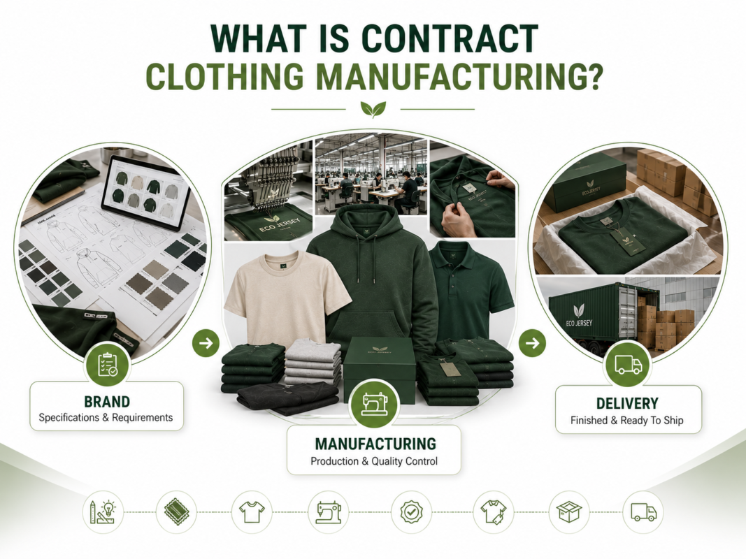 What is contract clothing manufacturing - infographic explaining the concept with design, factory production, garments and packaging stages by Eco Jersey