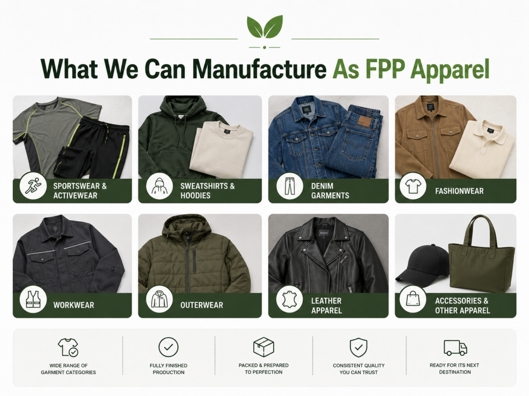 What we can manufacture as FPP apparel manufacturer - infographic showing apparel product categories including t-shirts, polo shirts, hoodies, activewear, and outerwear by Eco Jersey