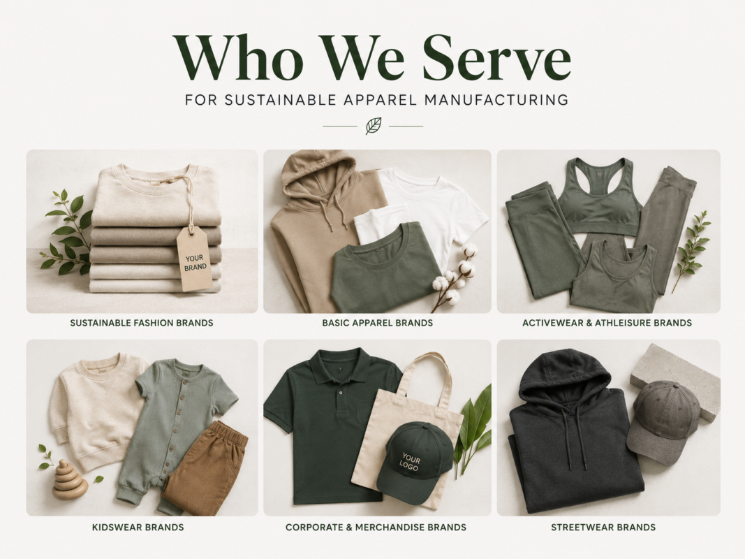 Who we serve for sustainable apparel manufacturing - Eco Jersey infographic showing eco-conscious brands, certified fashion retailers, ethical startups, and responsible businesses