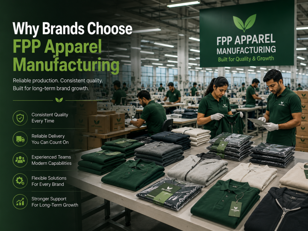 Why brands choose FPP apparel manufacturing - banner showing factory background with text built for quality and growth by Eco Jersey