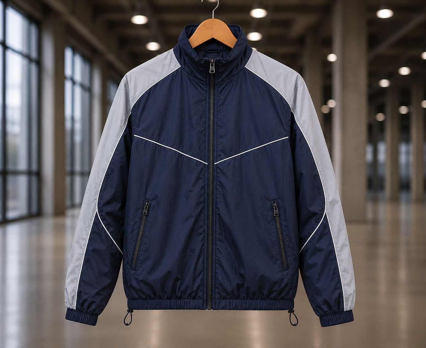 Custom windbreaker jacket manufacturer showing a men's navy blue and grey colour-block zip-up windbreaker with piping details and elastic cuffs on a wooden hanger