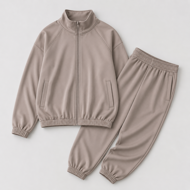 Super soft women's velour tracksuit showing a beige zip-up mock-neck hoodie and matching tapered jogger sweatpants set for versatile, functional, and comfortable loungewear