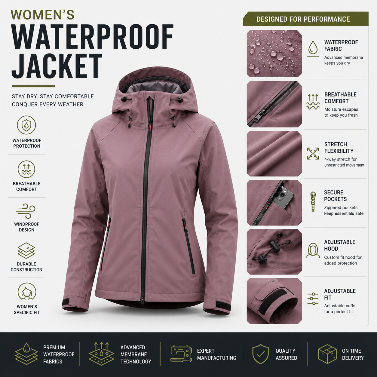 Women's waterproof jacket infographic showing features including waterproof fabric, breathable comfort, stretch flexibility, secure pockets, and adjustable hood for outdoor activities