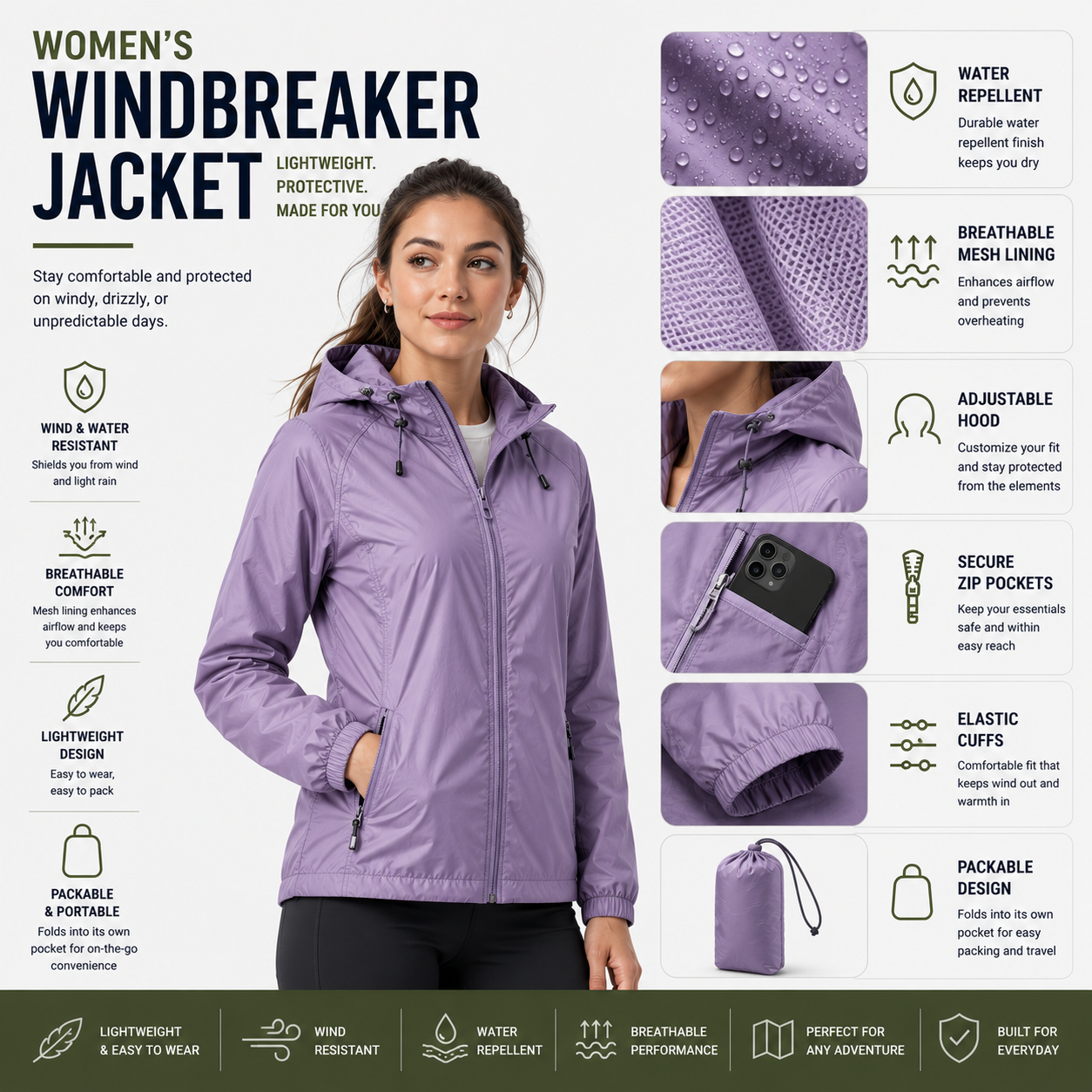 Women's custom windbreaker jackets with slim fit design for outdoor sports, running, and casual wear