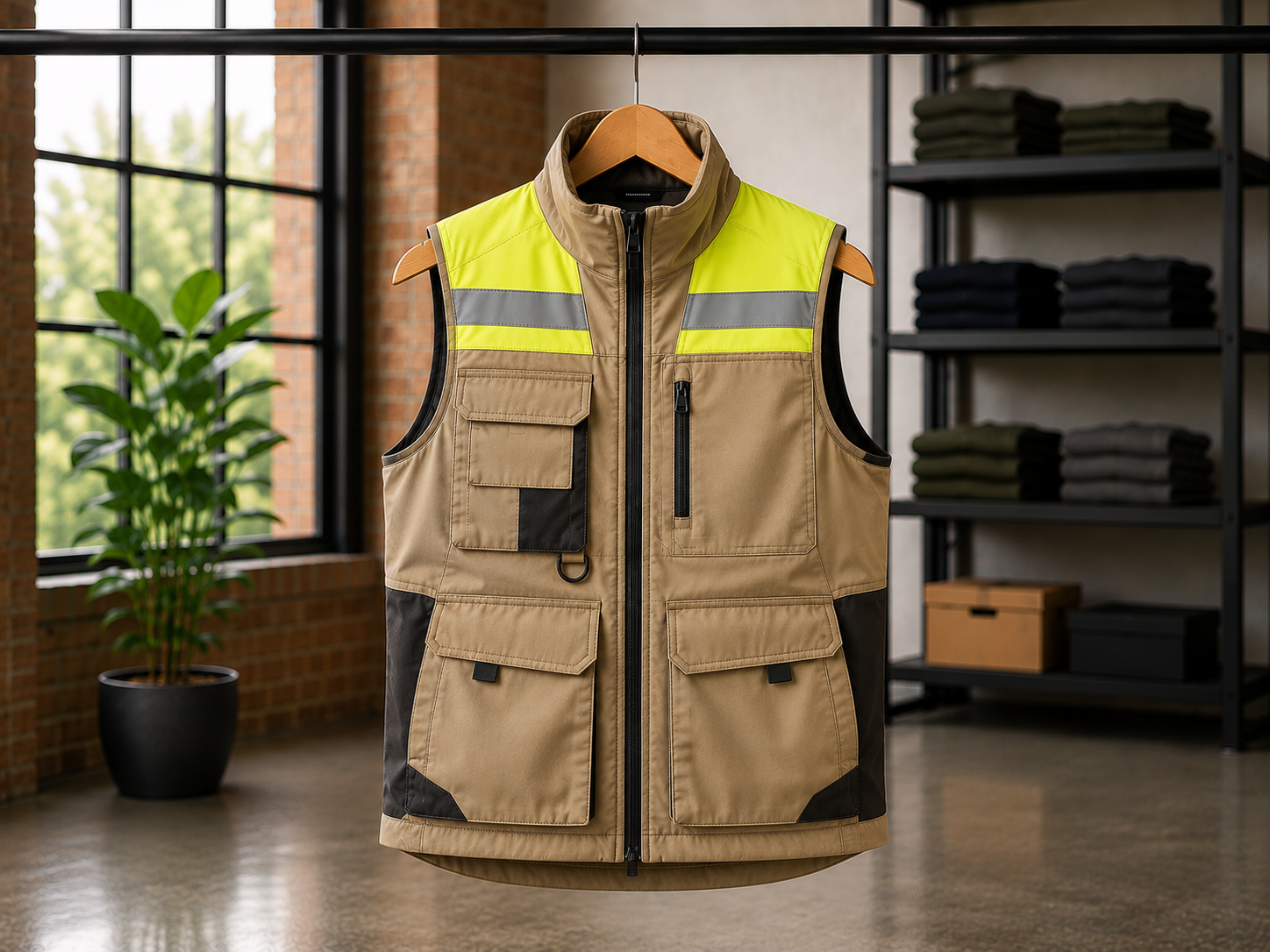 Workwear and hi-vis vests for construction, road work, and industrial safety with high-visibility reflective strips
