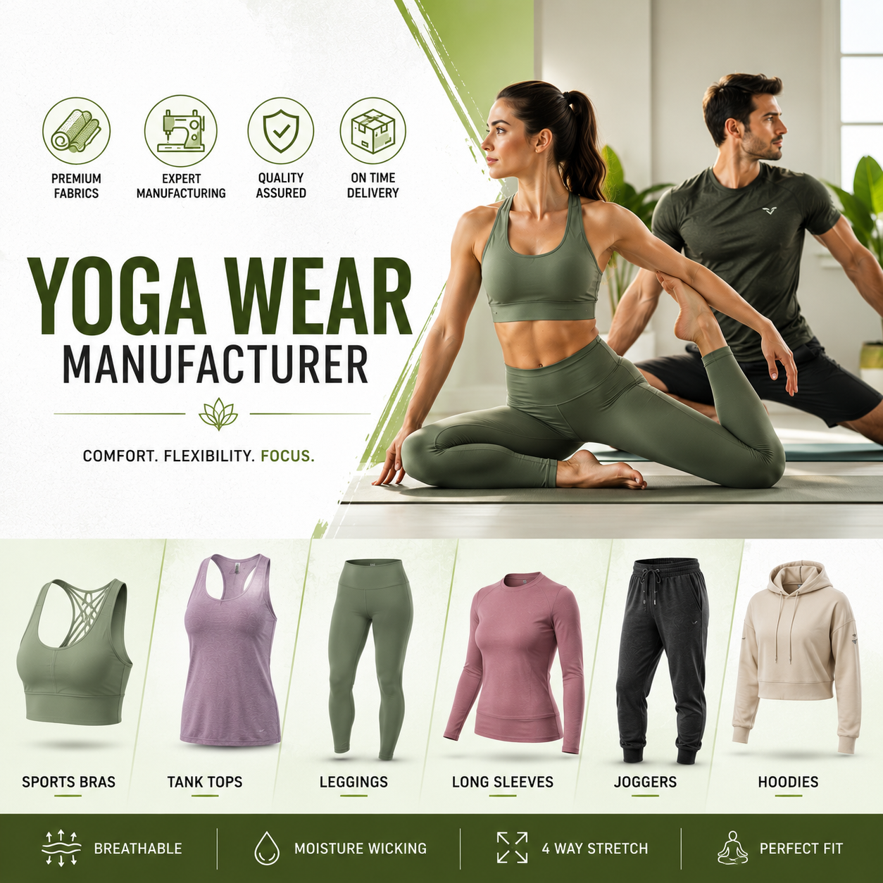 Yoga wear manufacturer offering custom sports bras, tank tops, leggings, long sleeves, joggers, and hoodies with breathable, moisture-wicking, 4-way stretch, and perfect-fit fabrics