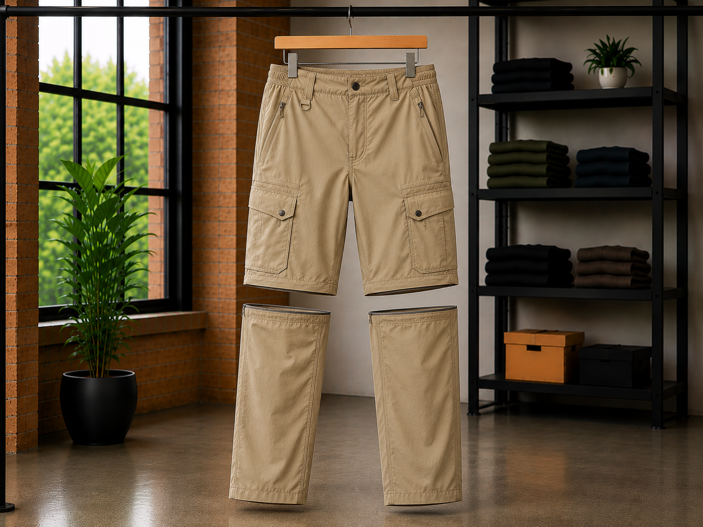 Zip-off convertible cargo pants for outdoor activities, converts to shorts for versatile trail and camping use