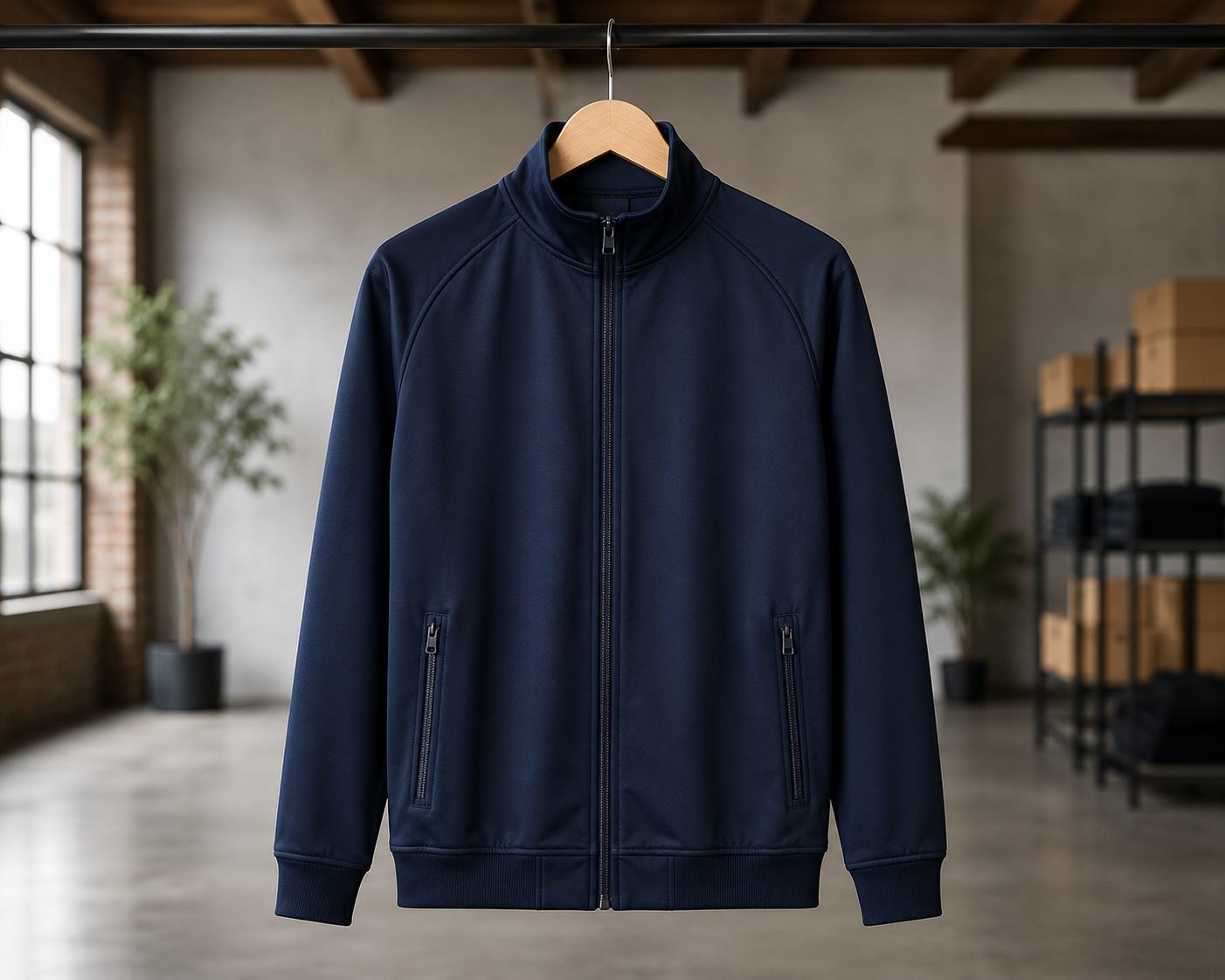 Navy blue custom zip-up track jacket on hanger, bulk athleisure jacket manufacturer with zip pockets