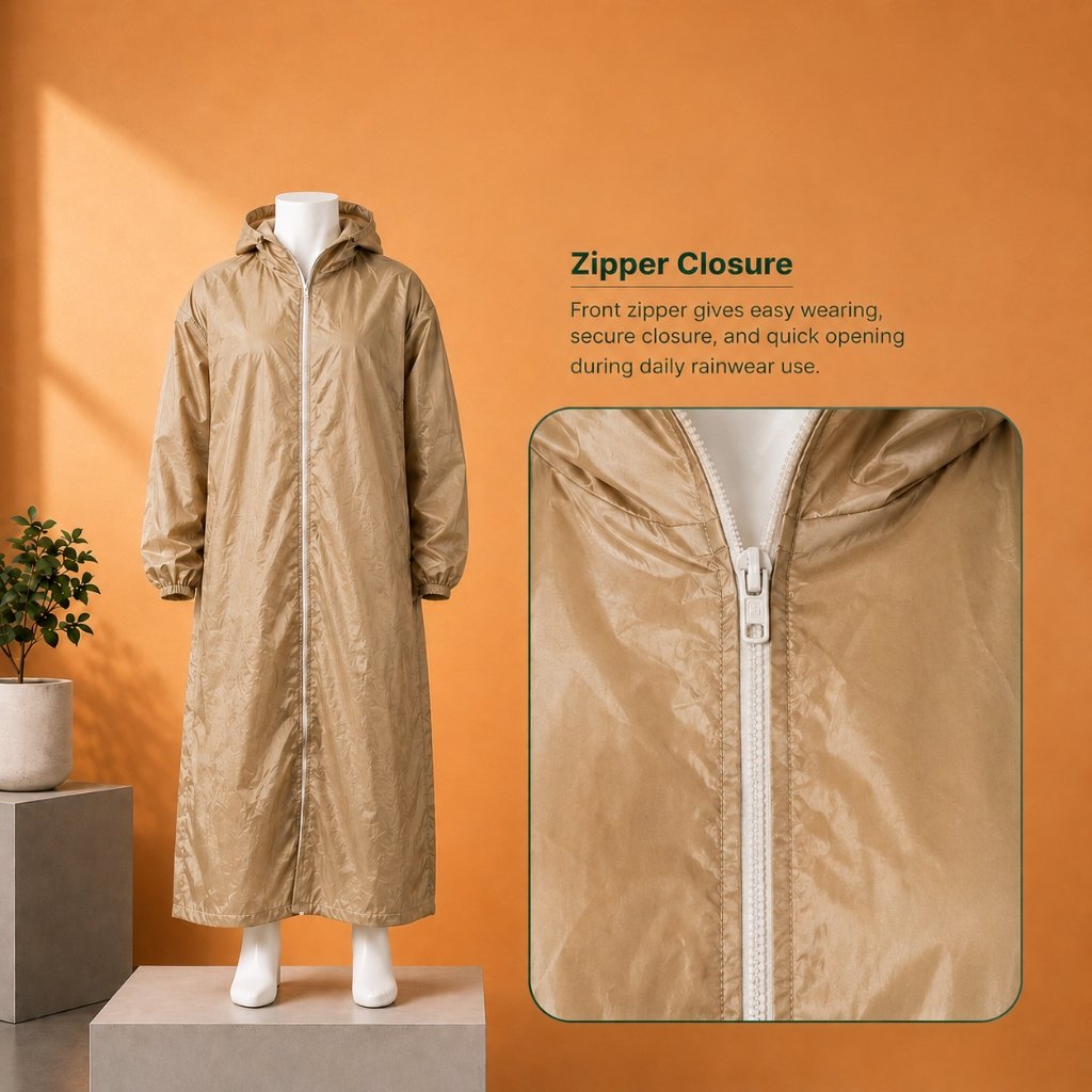 Zipper detail on Long Rain Coat
